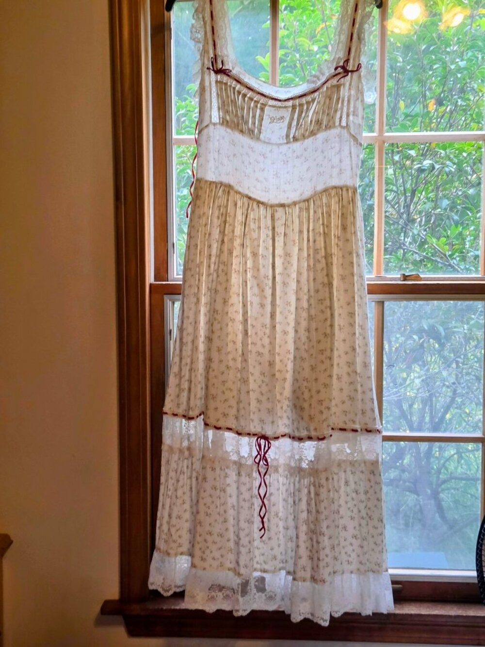 LACEMADE BEAUTIFUL COTTON MAXI ADORNED WITH LACE TRIM AND RED VELVET DETAILS OS - Picture 7 of 16